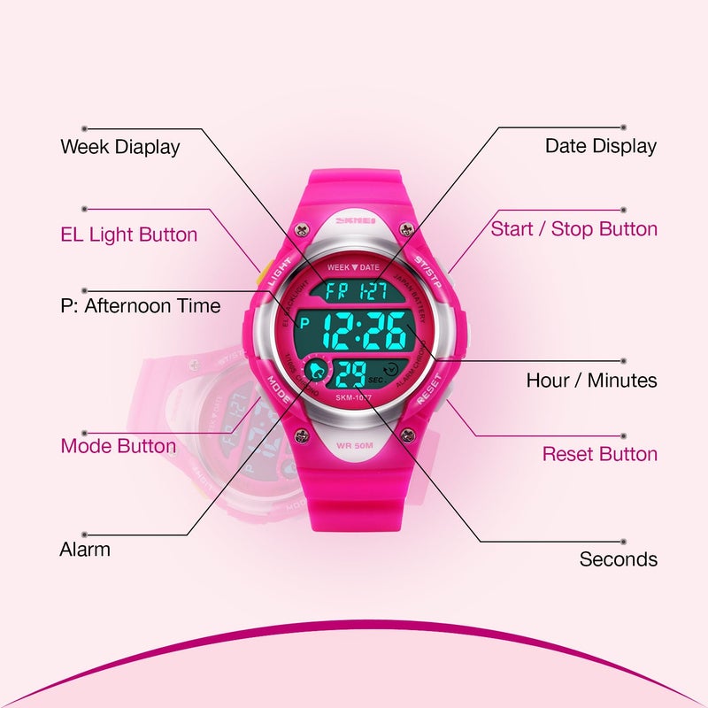 cofuo Girls Boys Digital Watch - Kids Sports Waterproof Outdoor Watches with Alarm Stopwatch Youth Children LED Electronic Wristwatch - Rose Red - Image 5